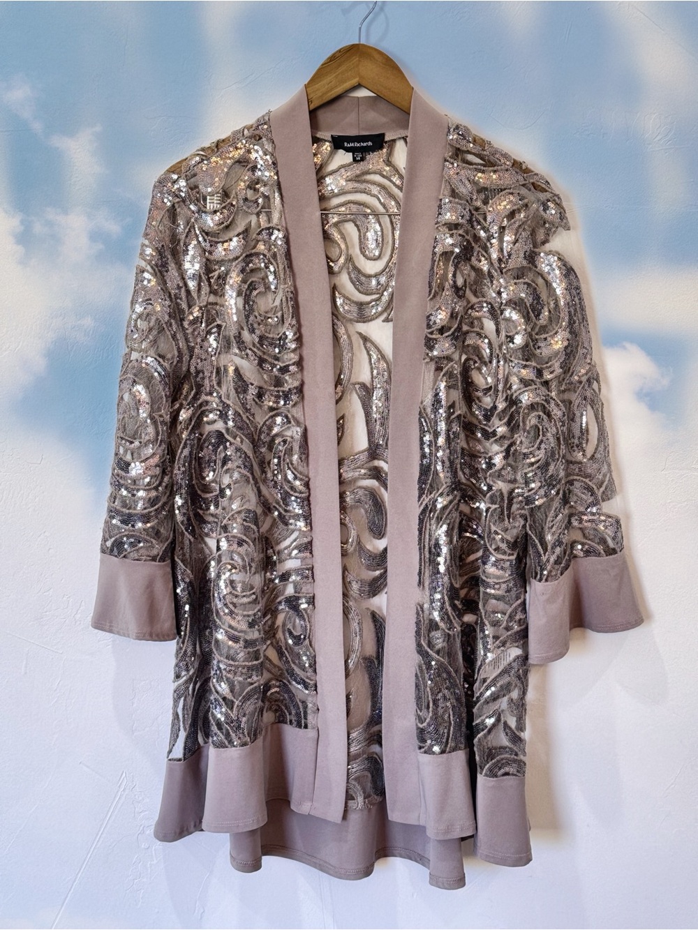R&M Richards Taupe/Beige Swirl Sequined Sheer Mesh Open Front Cardigan Size 14